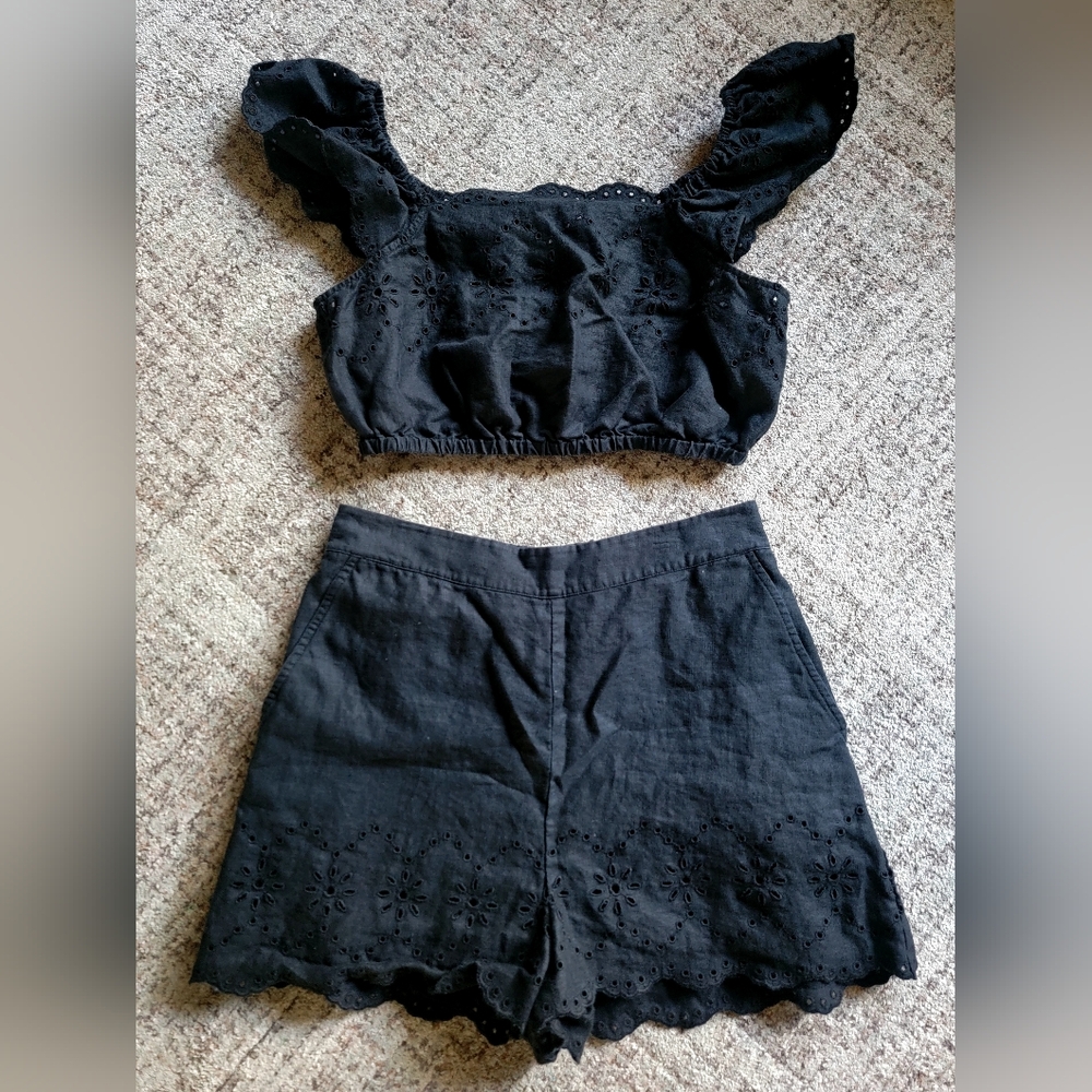 Rachel Parcell Black 2 Piece Set Outfit Linen‎ Eyelet Crop Top and Shorts Small - Picture 3 of 10